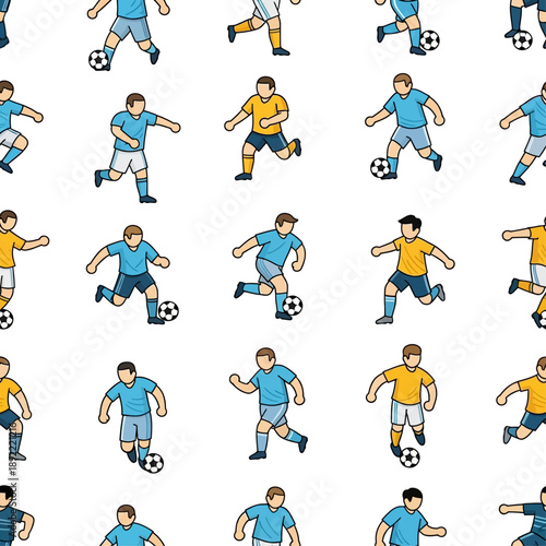 A seamless pattern of cartoon soccer players in various action poses, kicking and dribbling a ball, rendered in a flat, illustrative style.