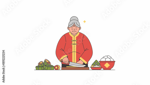 Elderly grandmother cooking traditional meal scene.