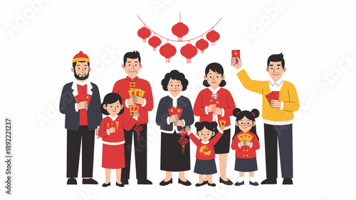 Family celebrating Chinese New Year with lanterns.