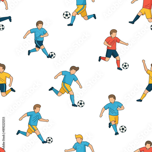 	
Seamless pattern of cartoon soccer players in various action poses, kicking and dribbling a ball on a white background.