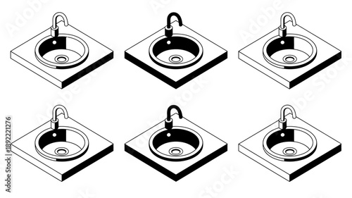 Six Sink Designs Isometric Views Bathroom Fixtures Set