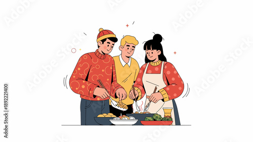 Family cooking together in kitchen illustration.