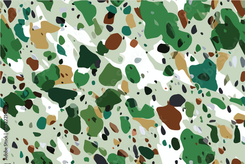 Camouflage pattern with a forest green, white, and brown color scheme. Camouflage texture background, military army camouflage pattern, military camo wallpaper for wall poster print.