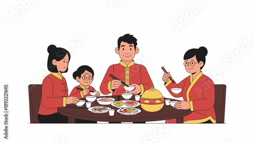 Family dinner gathering at table with four people.