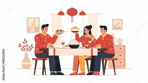 Family gathering around dining table sharing hot pot meal.