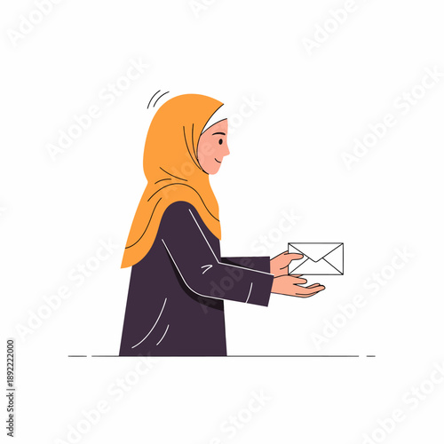 Hijab Wearing Woman Delivering Mail Envelope.