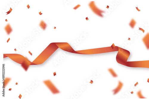 オレンジ系グラデーションの抽象リボン背景イラスト｜流れる曲線と浮遊する有機的パーツで構成されたダイナミックなデザイン素材・Web、広告、ビジュアル演出向け