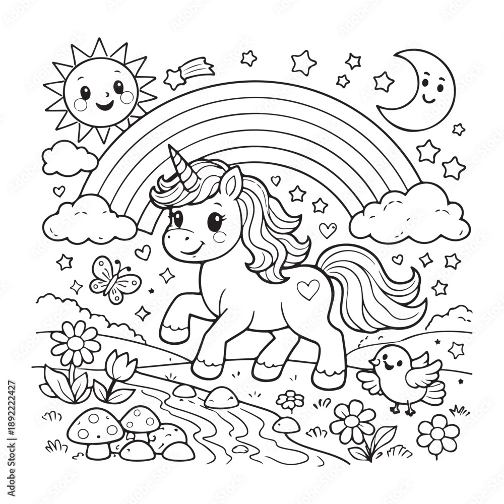 Obraz premium Unicorn Under Rainbow Coloring Page for Kids
