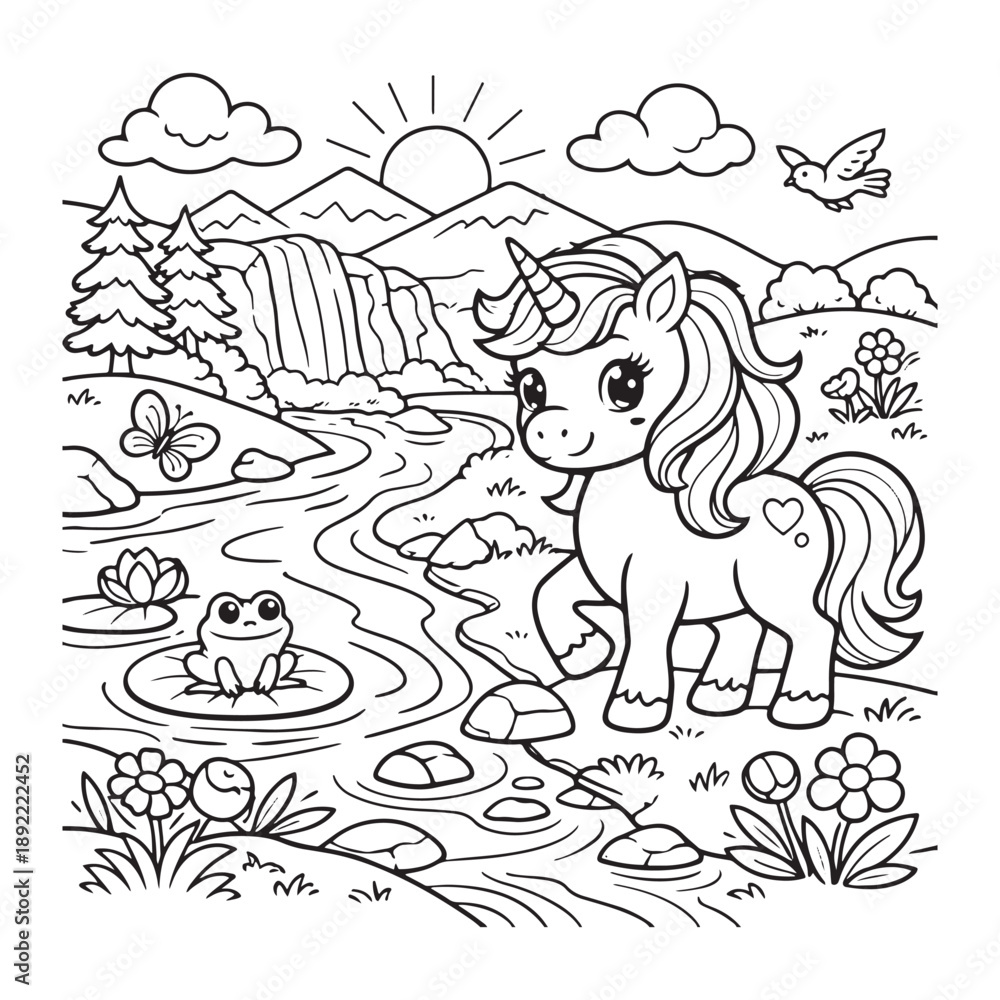 Fototapeta premium Unicorn by River Coloring Page for Kids