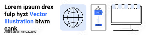 Digital communication, technology, connectivity, global network, online platforms, and design elements. Globe icon, clipboard interface and computer monitor. Digital communication and technology
