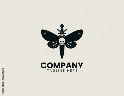 Stylized butterfly with human skull and dagger is isolated on plain background professional. Gothic branding concept
