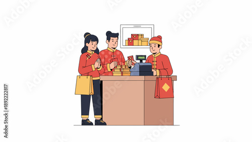 Shopkeepers and customers at market stall.