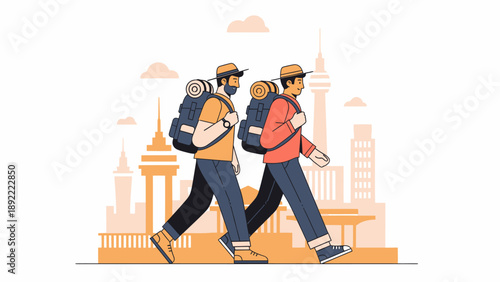 Three Backpackers Walking Through City Center.