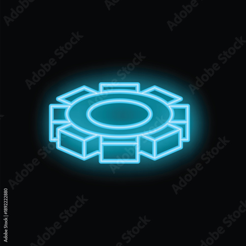 Neon blue gear wheel is glowing on a black background, representing concepts such as industry, technology, and progress