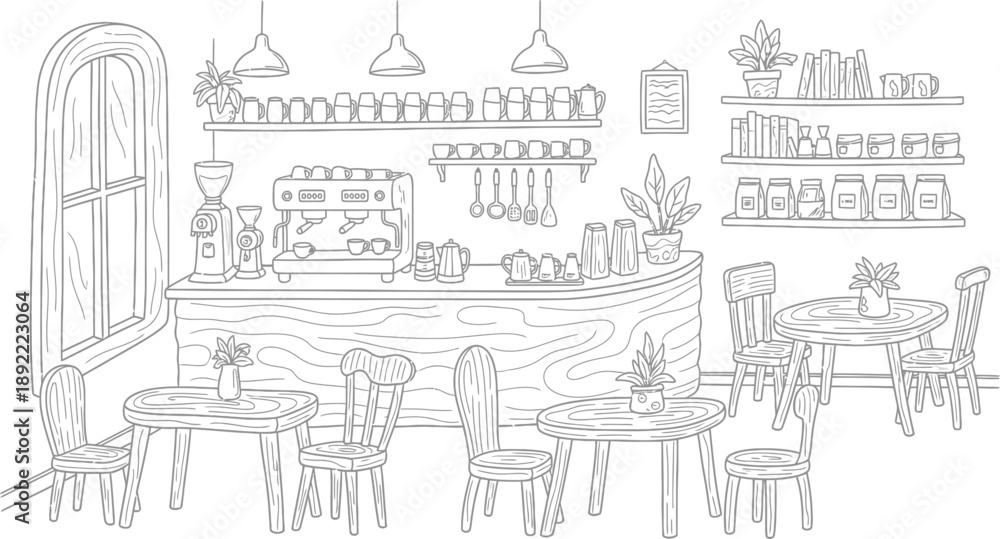 Obraz premium Empty coffee shop interior with counter and tables line art sketch