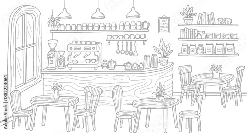 Empty coffee shop interior with counter and tables line art sketch