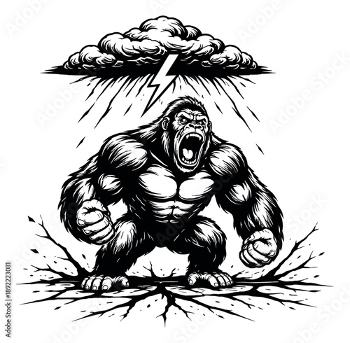 Hand drawn line art illustration of a gorilla depicting an angry roar under a lightning storm and cracking ground for themes of power, rage, or destruction