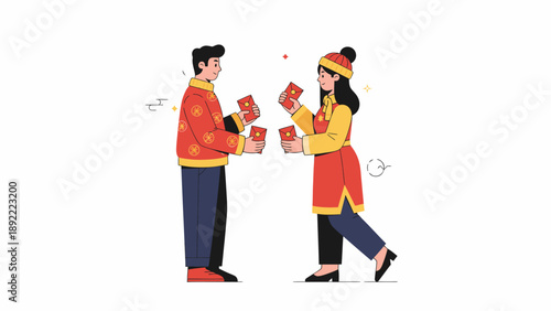 Two People Exchanging Red Envelopes.