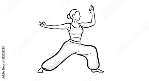 Woman practicing yoga warrior pose fitness line art illustration