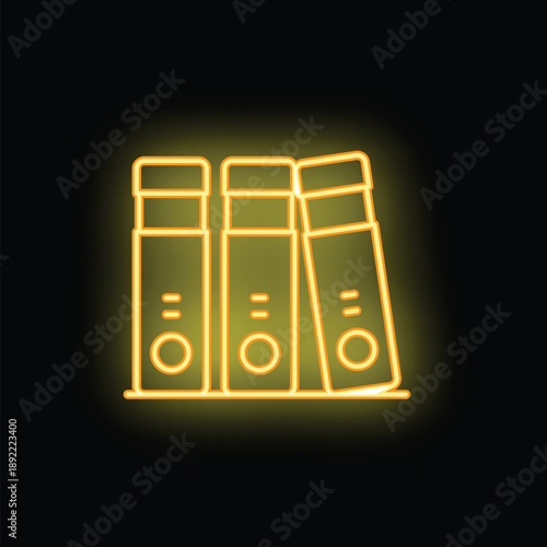 Bright yellow neon icon depicting three office folders standing in a row on a shelf, evoking organization and paperwork