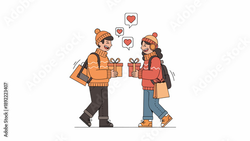 Two students with backpacks sharing items.