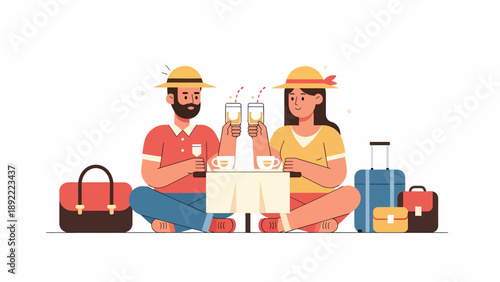 Two Travelers Sharing Drinks On A Camping Picnic.