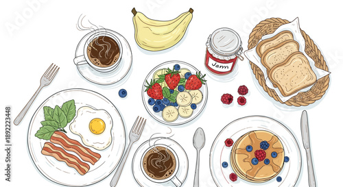 Breakfast table top view with eggs pancakes toast and coffee sketch