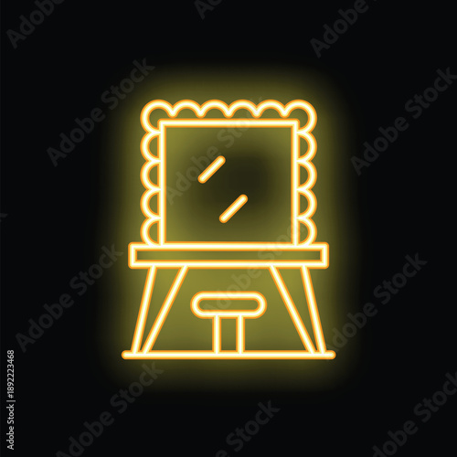 Neon dressing table with mirror shining in the dark, concept of beauty or furniture