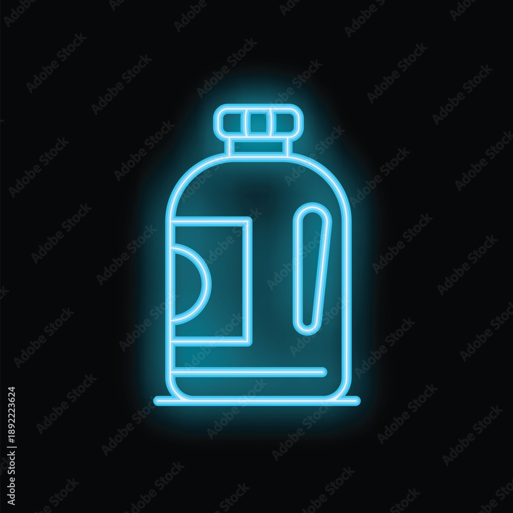 Obraz premium Glowing blue neon sign of a bottle with blank label on black background