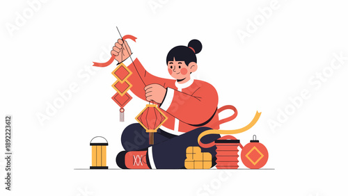 Woman Knitting Wool with Yarn Balls and Tools.