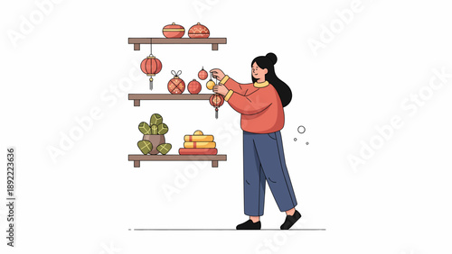 Woman stocking groceries on store shelf.