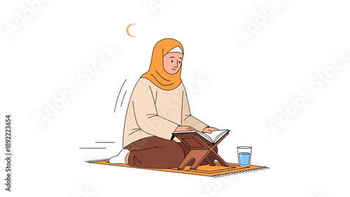 woman wearing hijab reading islamic book illustration.