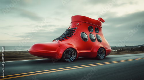 surreal funny Whimsical Stock Image of a Giant Sneaker Shoe Driving as a Car