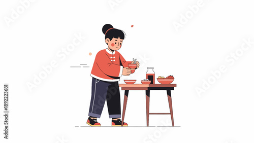 Young boy cooking at table with food items.