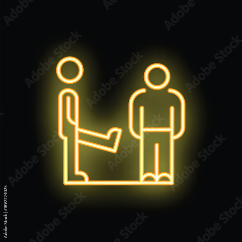 Neon yellow stick figure tripping another stick figure by sticking his leg out in front of him