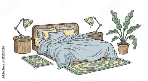 Cozy bedroom interior with bed plants and lamps color sketch