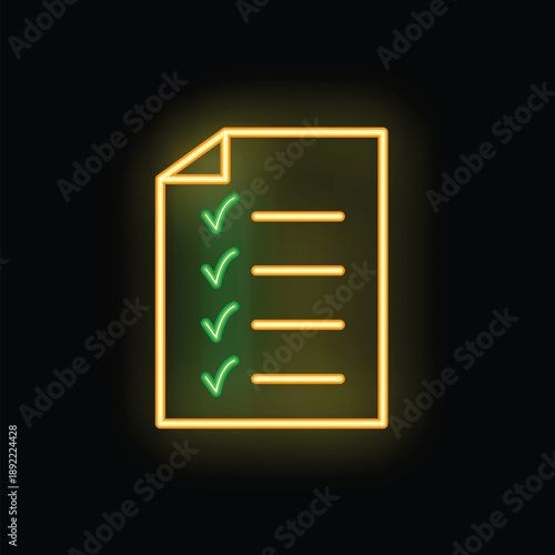 Neon glowing checklist icon with green check marks on dark background