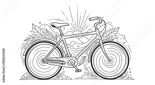 Bicycle with leaves and sunrise nature eco friendly transport sketch