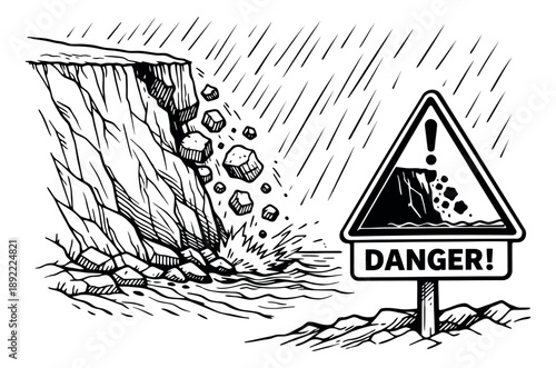 Hand drawn line art illustration of a rockslide and a danger sign depicting falling rocks from a cliff for a natural hazard
