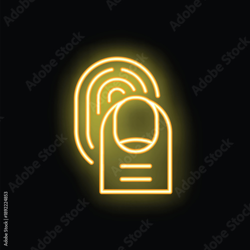 Neon sign of a finger touching a fingerprint scanner, representing concepts such as security, identification, and technology