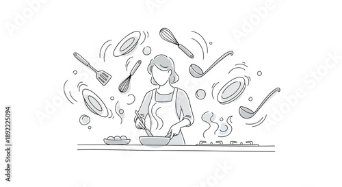 Busy woman cooking in kitchen with flying utensils sketch
