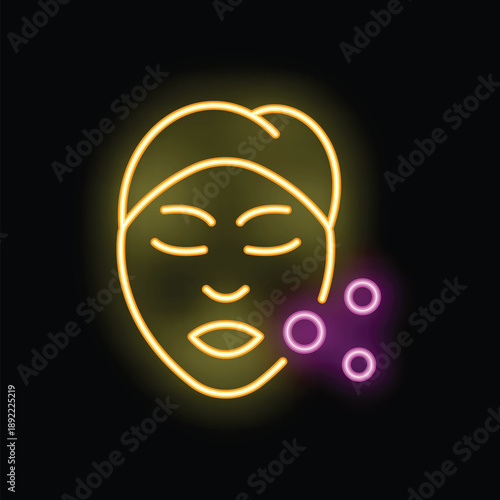 Neon icon of woman applying cosmetic mask on face, relaxing with closed eyes
