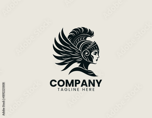 Profile of female warrior wearing winged spartan helmet is isolated on plain background professional. Greek mythology concept