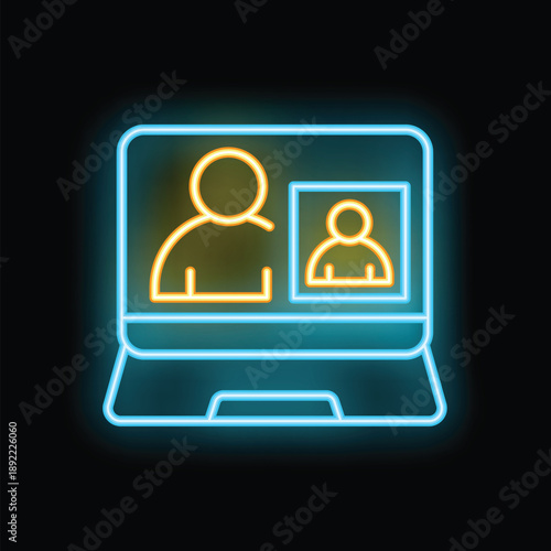 Neon laptop showing a video conference call with business people working from home