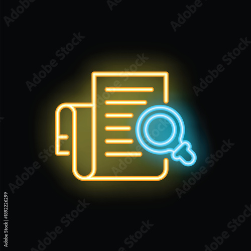 Yellow neon icon of magnifying glass analyzing document, emphasizing concept of fact checking and document verification