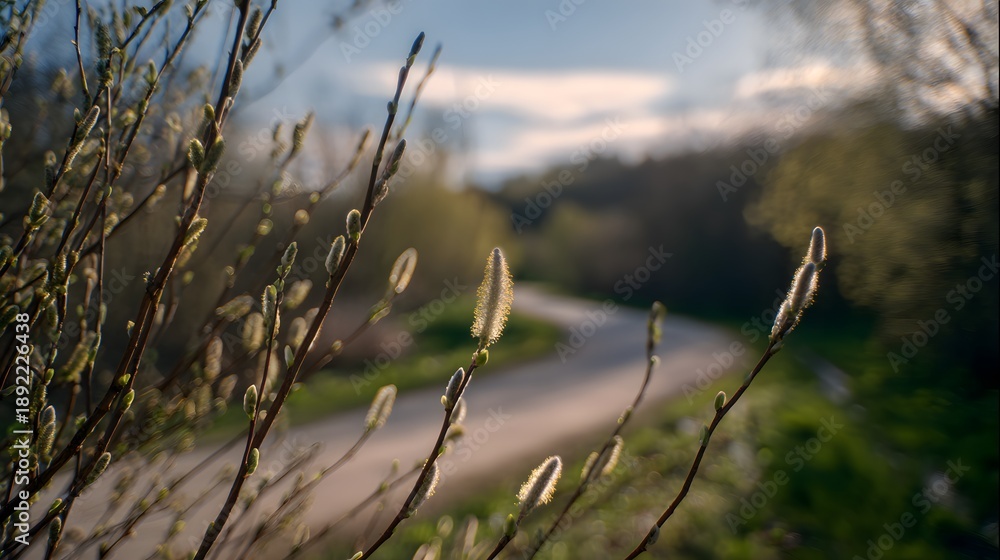 Obraz premium Serene spring landscape with willow blossoms along a quiet forest road bathed in warm morning light