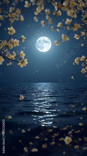 Full moon over calm ocean at night with cherry blossom branches framing silver moonlight reflection