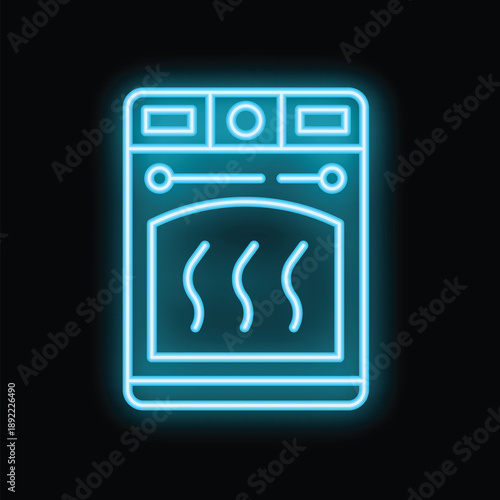 Glowing neon oven icon with heat waves coming out on a black background