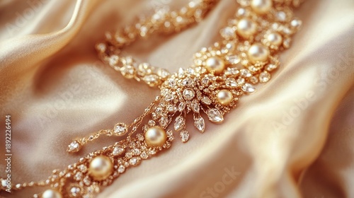 Stylish golden bijouterie on light brown fabric closeup