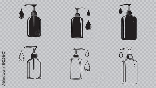 Black silhouette icon of a liquid soap dispenser bottle with a pump releasing a single drop of product against a white background